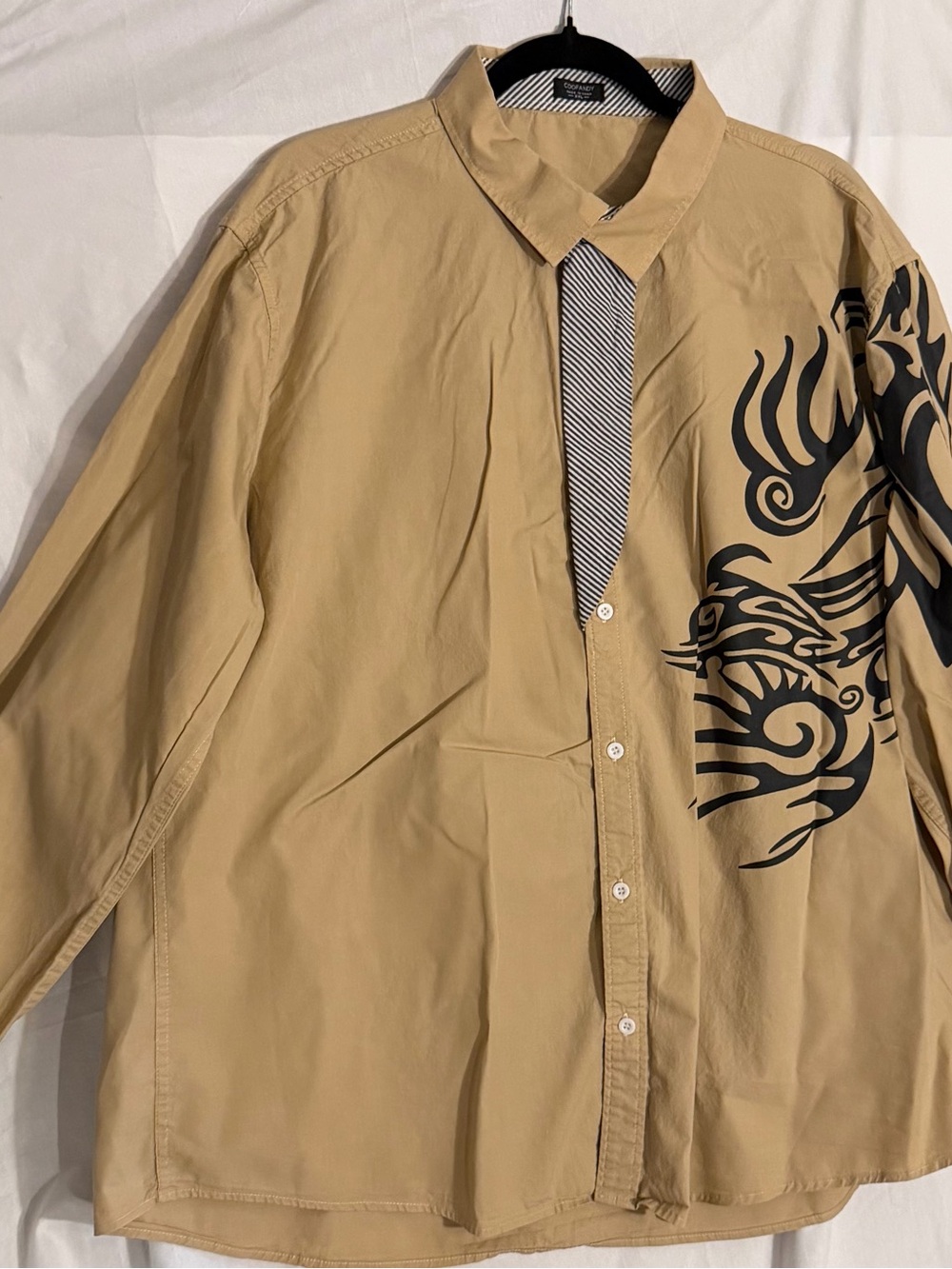 #577 Coofandy Men's Tan Button-Up Shirt with Black Tribal Print